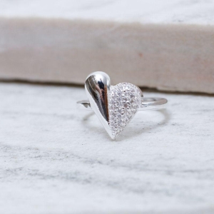 ANEL CORAÇÃO LISO E CRAVEJADO BANHO PRATA