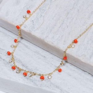 CHOKER BOLINHAS LARANJA COM CRISTAIS BANHO OURO 18K