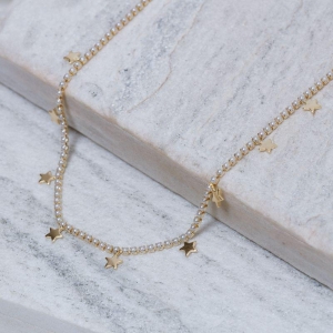 CHOKER PÉROLA RIVIERA COM ESTRELINHAS BANHO OURO 18K