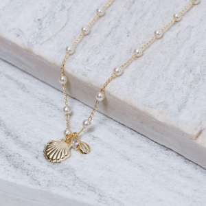 COLAR PÉROLA COM PINGENTES DO MAR BANHO OURO 18K