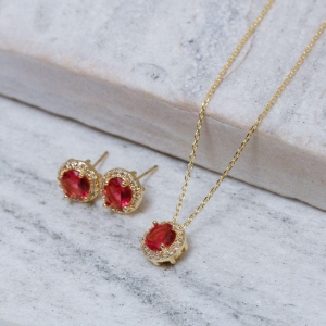 CONJUNTO PONTO DE LUZ VERMELHO RUBI BANHO OURO 18K