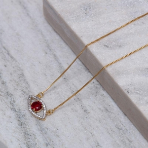 COLAR OLHO GREGO COM PEDRA VERMELHO RUBI BANHO OURO 18K