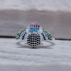 ANEL ABELHA COLORIDA BANHO PRATA