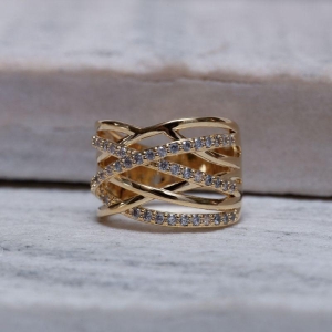 ANEL FILEIRAS COM ZIRCÔNIAS CRISTAIS BANHO OURO 18K