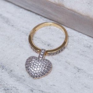 ANEL PINGENTE DE CORAÇÃO COM RÓDIO BRANCO BANHO OURO 18K