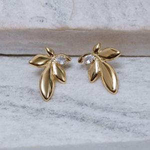 BRINCO FOLHAS COM PEDRA CRISTAL BANHO OURO 18K