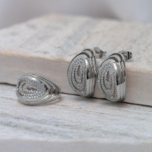 CONJUNTO ANEL E BRINCO CRAVEJADO COM ZIRCÔNIAS BANHO RÓDIO BRANCO