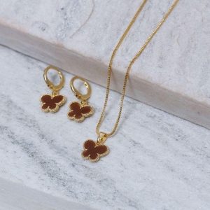 CONJUNTO BORBOLETINHA MARROM BANHO OURO 18K