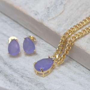 CONJUNTO CORRENTE COM PEDRA ZIRCÔNIA ROXA BANHO OURO 18K