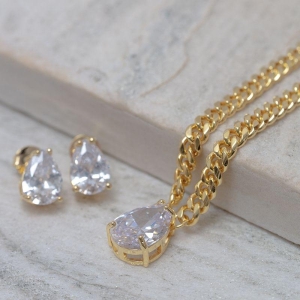 CONJUNTO CORRENTE COM PEDRA ZIRCÔNIA CRISTAL BANHO OURO 18K