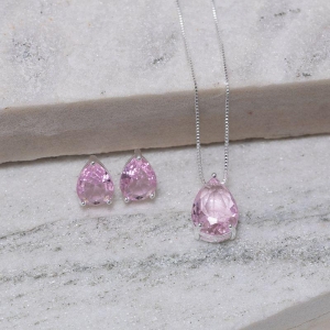 CONJUNTO GOTA COM PEDRA ROSA CLARO BANHO PRATA