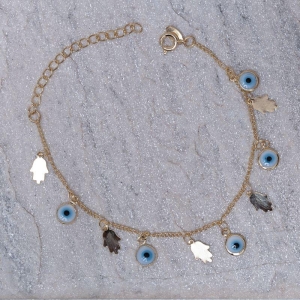 PULSEIRA OLHO GREGO E MÃO DE FÁTIMA BANHO OURO 18K