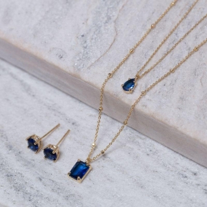 CONJUNTO COLAR DUPLO COM PEDRA AZUL BANHO OURO 18K