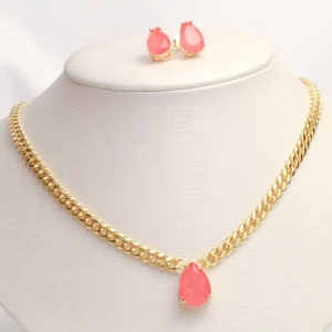 CONJUNTO CORRENTE COM ZIRCÔNIA SALMÃO BANHO OURO 18K