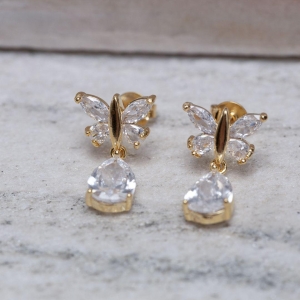 BRINCO LIBÉLULA COM PEDRA CRISTAL BANHO OURO 18K