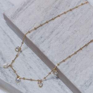 CHOKER BOLINHAS E CORAÇÕES CRISTAIS BANHO OURO 18K