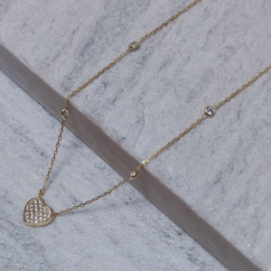 COLAR CORAÇÃO CRAVEJADO E CRISTAIS BANHO OURO 18K