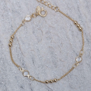PULSEIRA BOLINHAS E CRISTAIS BANHO OURO 18K