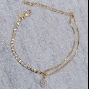 PULSEIRA DUPLA COM CORAÇÃO CRISTAL BANHO OURO 18K