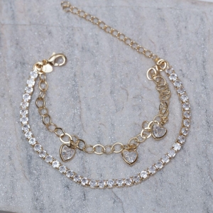 PULSEIRA DUPLA COM ZIRCÔNIAS E CORAÇÕES BANHO OURO 18K