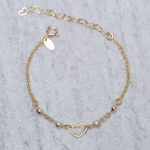 PULSEIRA INFANTIL CORAÇÃO E PÉROLAS BANHO OURO 18K