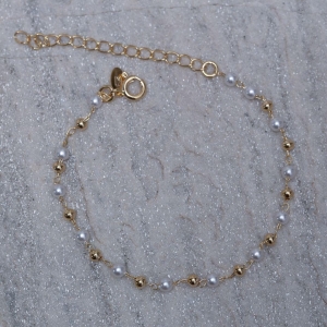 PULSEIRA PÉROLAS E BOLINHAS BANHO OURO 18 K