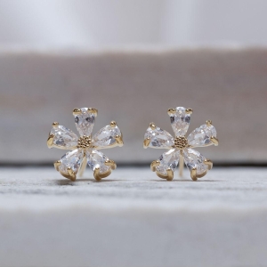 BRINCO FLORZINHA CRISTAL G BANHO OURO 18K