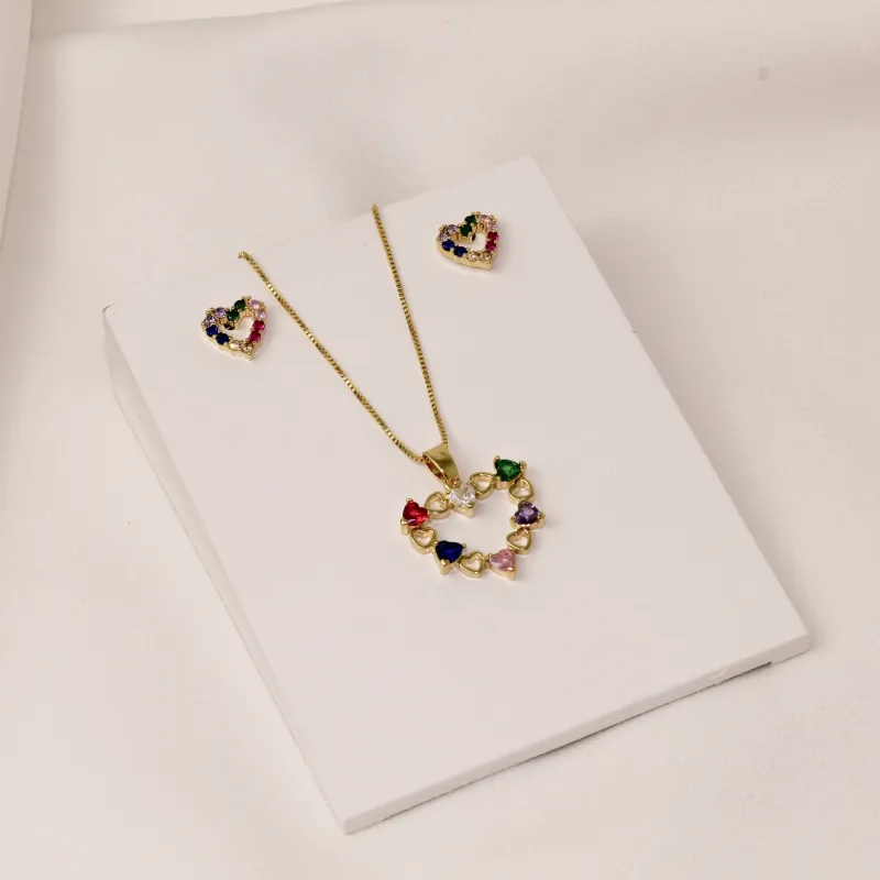 CONJUNTO CORAÇÃO COLORIDO BANHO OURO 18K