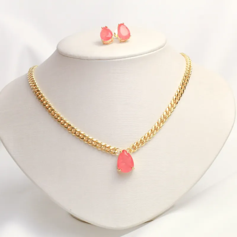 CONJUNTO CORRENTE COM ZIRCÔNIA SALMÃO BANHO OURO 18K