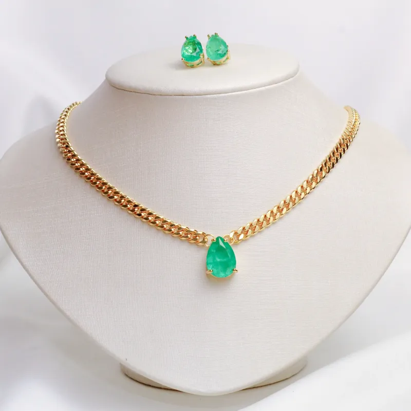 CONJUNTO CORRENTE COM ZIRCÔNIA VERDE ESCURO BANHO OURO 18K