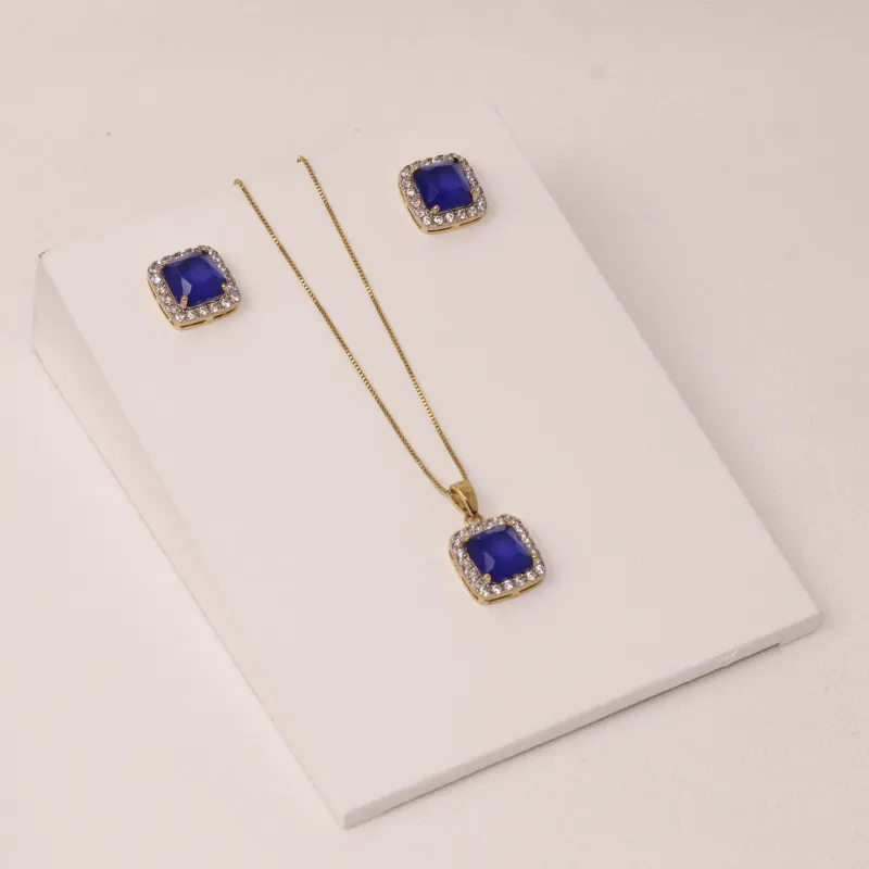 CONJUNTO ZIRCÔNIA QUADRADO PEDRA AZUL BANHO OURO 18K