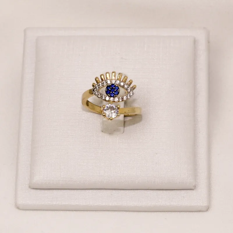 ANEL OLHO GREGO ZIRCÔNIA AZUL ESCURO BANHO OURO 18K