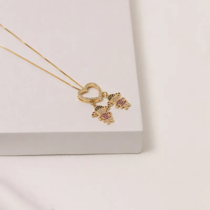 COLAR DUAS MENINAS COM ZIRÔNIAS COLORIDAS BANHO OURO 18K