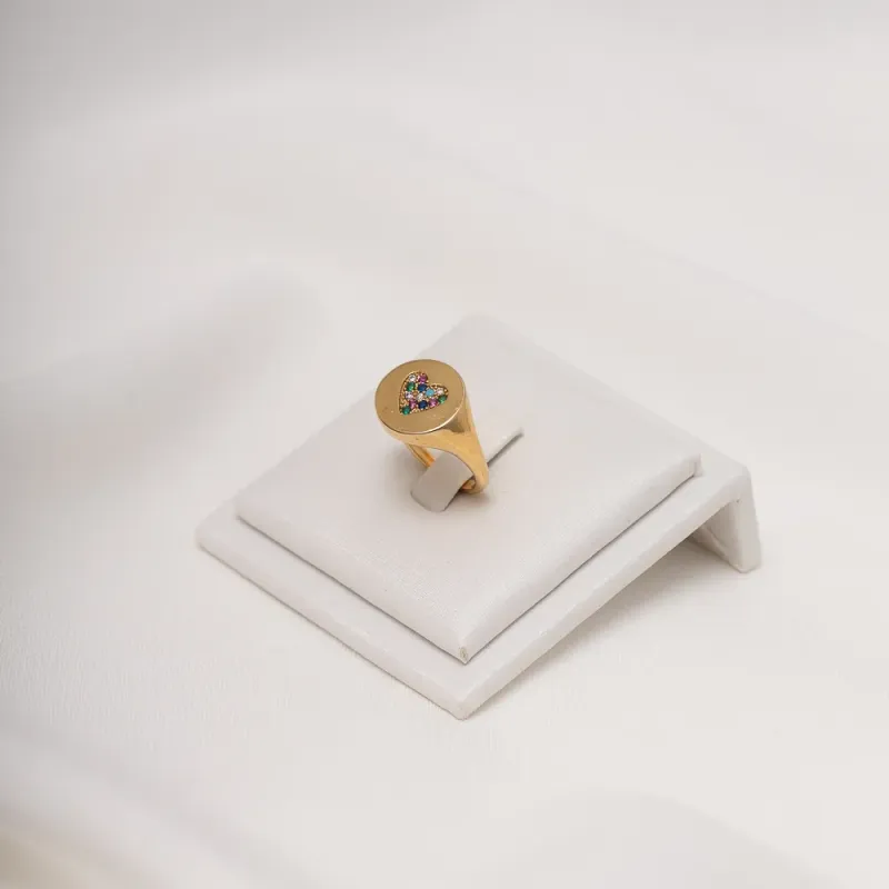 ANEL CORAÇÃO COM ZIRCÔNIA COLORIDA BANHO OURO 18K