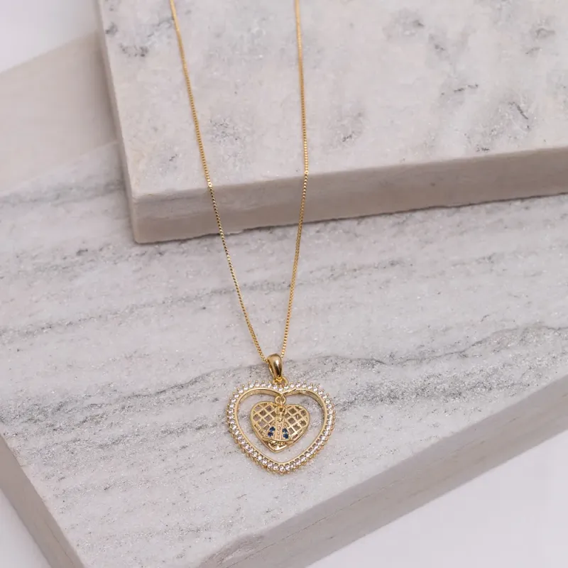 COLAR CORAÇÃO ZIRCÔNIA COM NOSSA SENHORA  BANHO OURO 18K