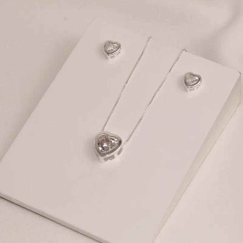 CONJUNTO PONTO DE LUZ CORAÇÃO BANHO PRATA