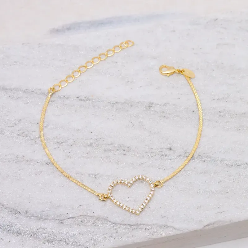 PULSEIRA DIAMANTADA COM CORAÇÃO ZIRCÔNIA BANHO OURO 18K