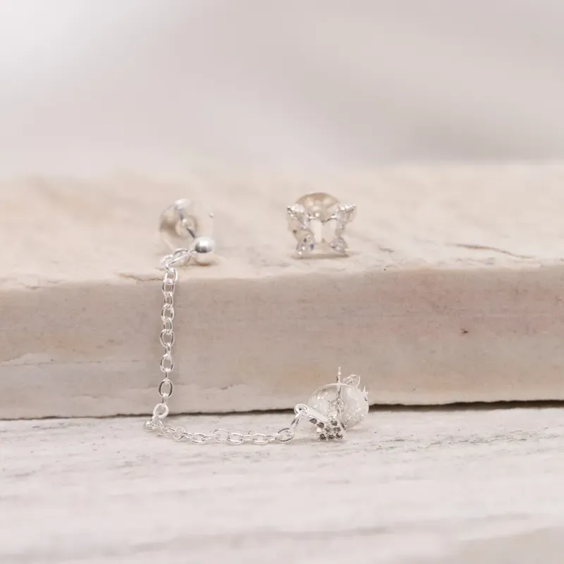 BRINCO EAR CUFF SETA COM BORBOLETA E CORRENTE BANHO PRATA