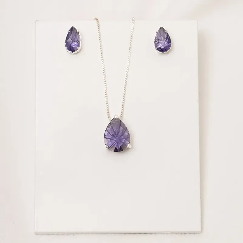 CONJUNTO GOTA COM PEDRA ROXA P BANHO PRATA