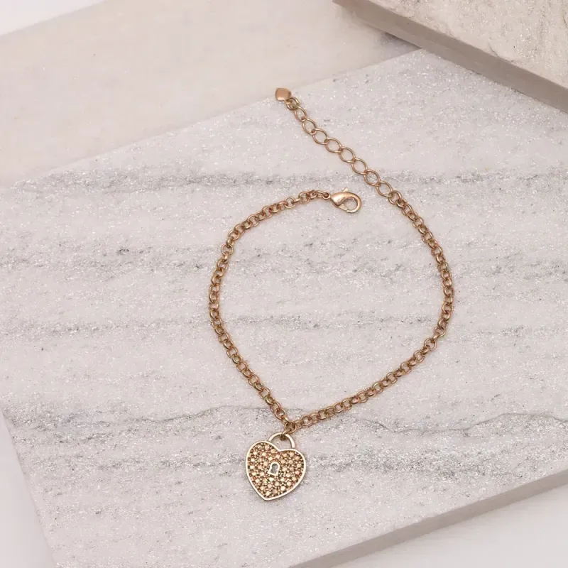 PULSEIRA ELO PORTUGUÊS COM CORAÇÃO CADEADO CRAVEJADO BANHO ROSÉ