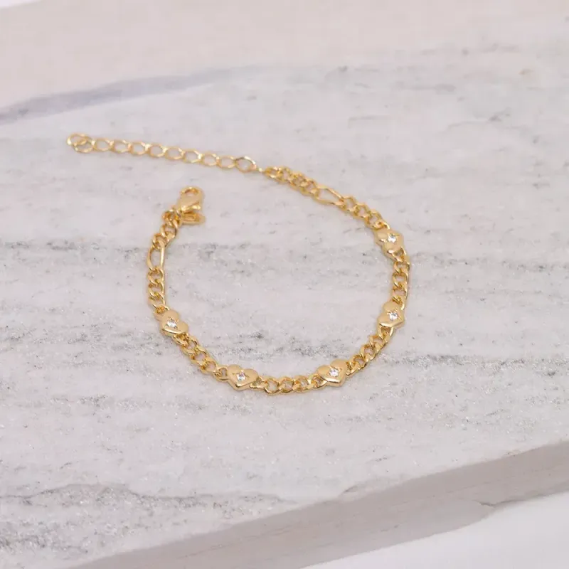 PULSEIRA GRUMET COM CORAÇÃO E ZIRCÔNIA BANHO OURO 18K