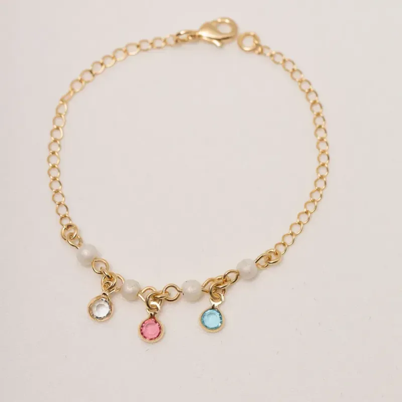 PULSEIRA INFANTIL COM PEDRAS COLORIDAS E PÉROLA BANHO OURO 18K
