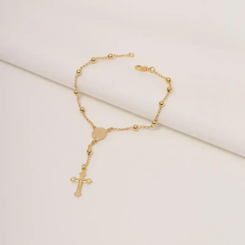 PULSEIRA TERÇO COM JESUS NA CRUZ BANHO OURO 18K