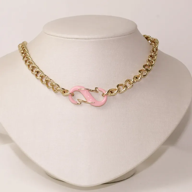 COLAR CORRENTE COM FECHO ESMALTADO ROSA BANHO OURO 18K