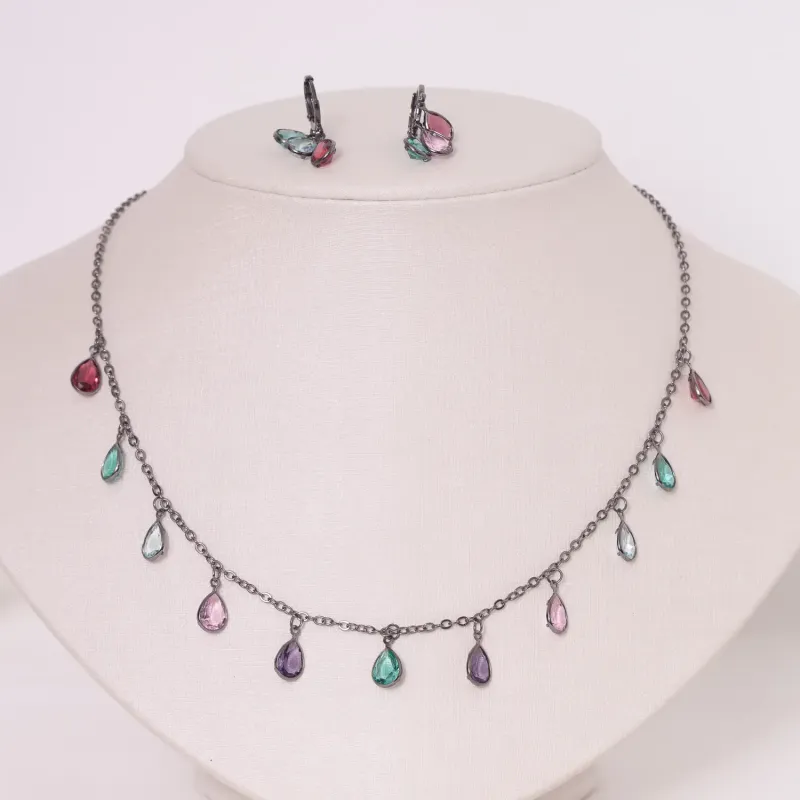 CONJUNTO ELO PORTUGUÊS GOTINHAS COLORIDAS BANHO RÓDIO NEGRO