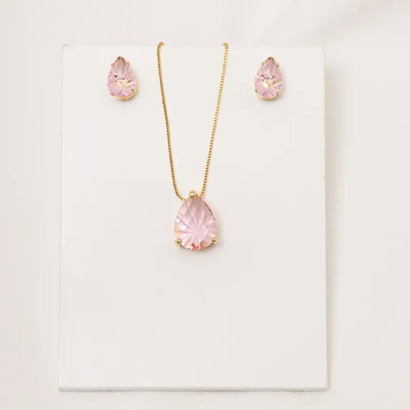 CONJUNTO GOTA COM PEDRA ROSA CLARO P BANHO OURO 18K