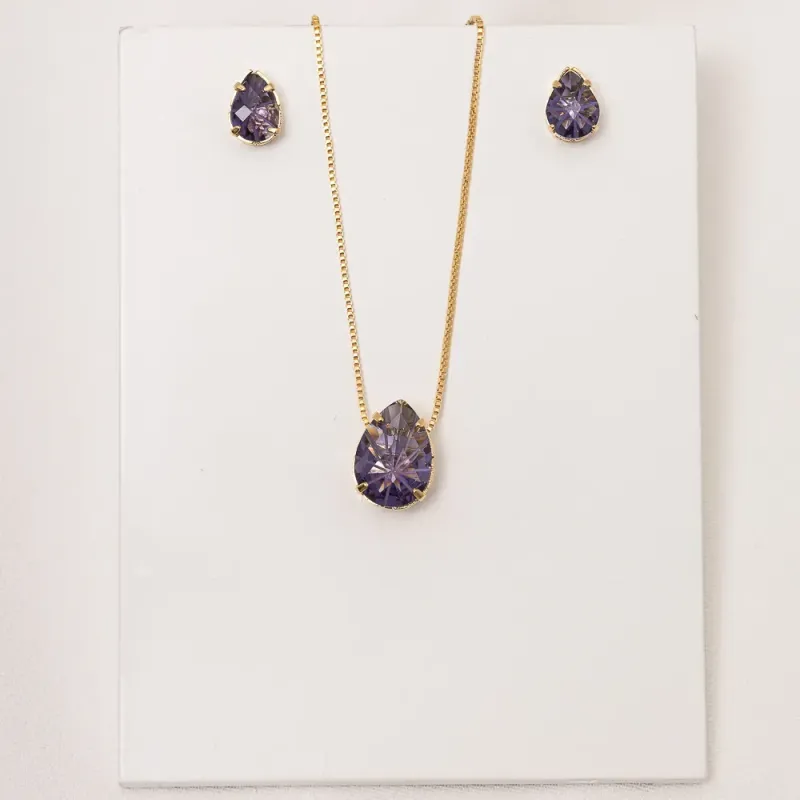 CONJUNTO GOTA PEDRA  ROXA P BANHO OURO 18K