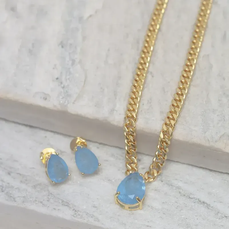 CONJUNTO CORRENTE COM PEDRA ZIRCÔNIA AZUL CLARO BANHO OURO 18K