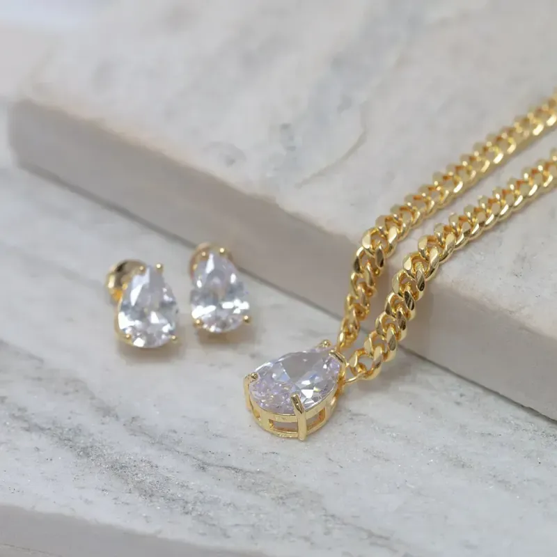 CONJUNTO CORRENTE COM PEDRA ZIRCÔNIA CRISTAL BANHO OURO 18K