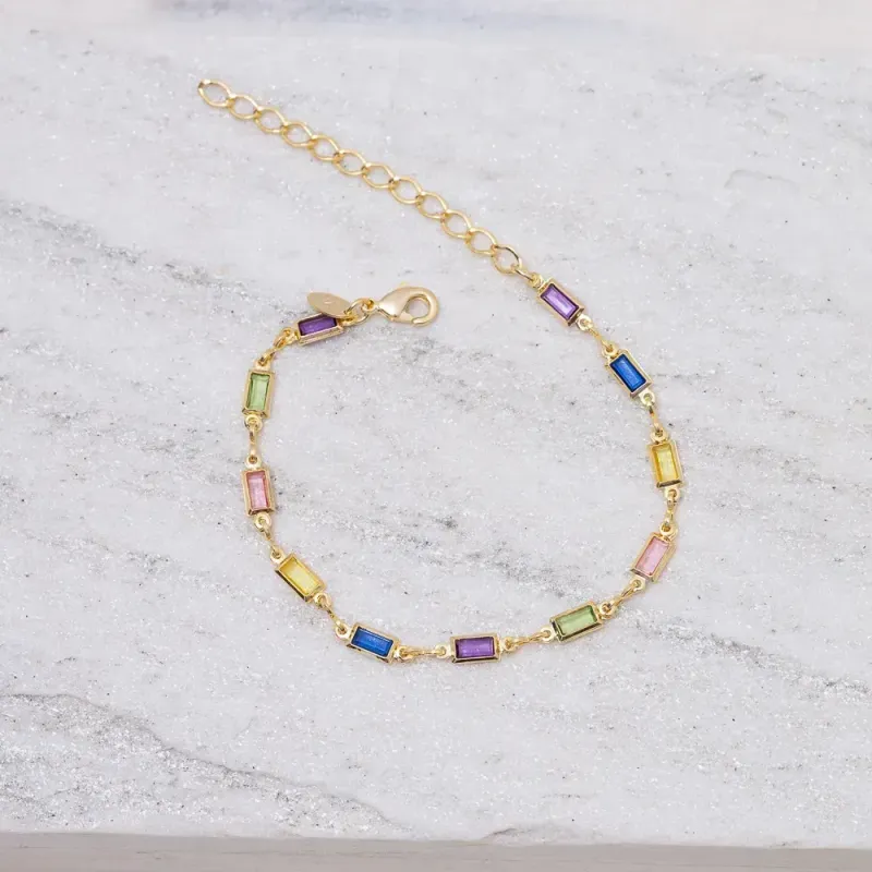 PULSEIRA QUADRADOS COM PEDRAS COLORIDAS BANHO OURO 18K
